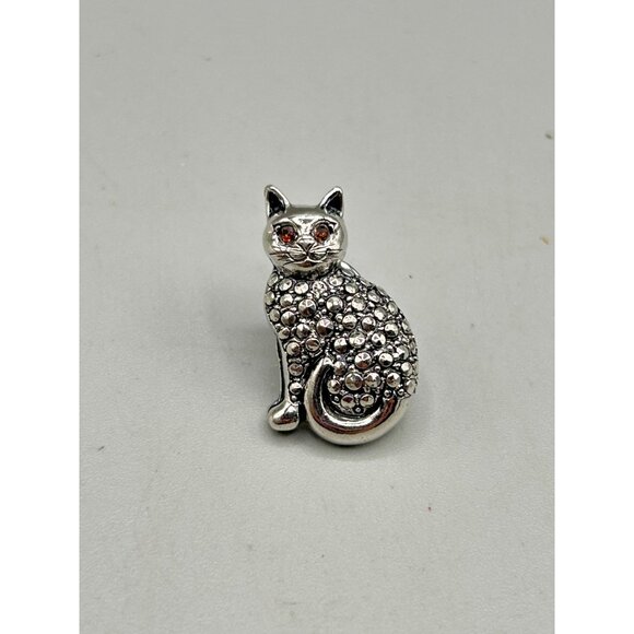 Vintage Cat Tack Pin Faux Marcasite Rhinestones & Red Eyes Brooch Silver Tone - Picture 2 of 6